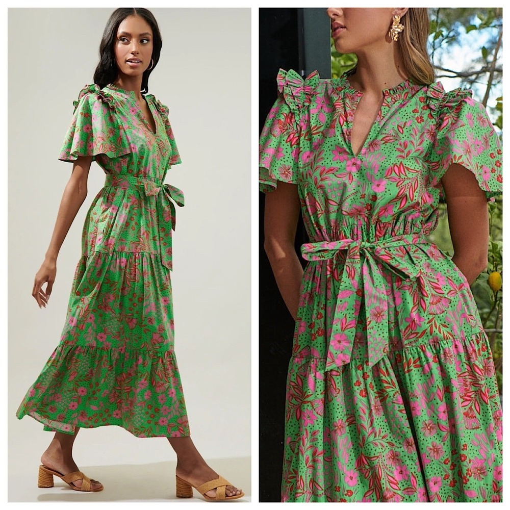 Sugarlips Tiered Midi Dress Sz M Green Pink Floral Ruffle Flutter Sleeve Belted - Picture 2 of 13